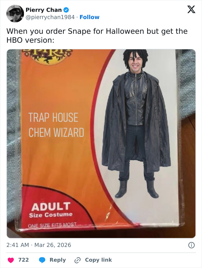 Meme showing an adult costume labeled trap house chem wizard with a parody of the HBO Harry Potter series character.