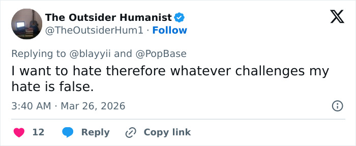 Tweet from The Outsider Humanist on a social media platform, discussing personal thoughts with engagement metrics shown.
