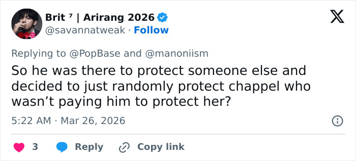 Tweet discussing the security guard's role in the Chappell Roan and Jude Law's daughter incident.
