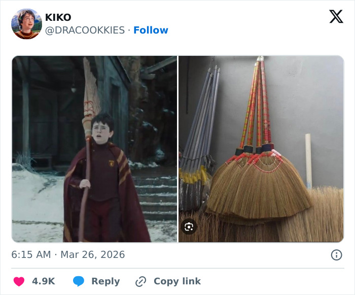 Split image showing a young wizard holding a broomstick next to a row of traditional brooms meme about HBO Harry Potter series fans.