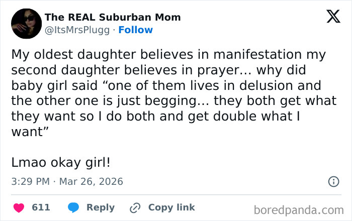 Screenshot of a funny and honest parent tweet sharing struggles about parenting and children’s beliefs on manifestation and prayer.