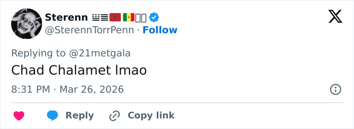 Screenshot of a Twitter reply mentioning Chad Chalamet in a casual online conversation about his evolved form. Screenshot of a Twitter reply mentioning Chad Chalamet in a casual online conversation about his evolved form.