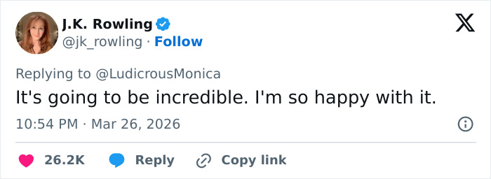 J.K. Rowling tweeting her positive thoughts on the Harry Potter reboot amid ongoing backlash and fan reactions. J.K. Rowling tweeting her positive thoughts on the Harry Potter reboot amid ongoing backlash and fan reactions.