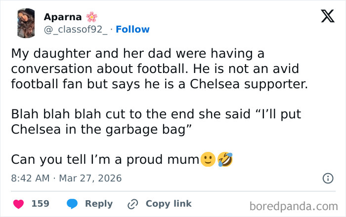 Tweet about a parent and child discussing football, highlighting funny and honest parents sharing struggles on X.