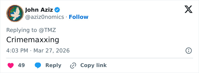 Screenshot of a tweet by John Aziz mentioning looksmaxxing in a reply to TMZ, dated March 27, 2026.