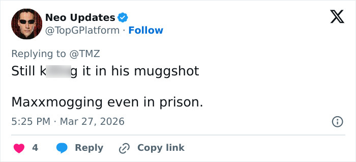 Screenshot of a social media post referencing looksmaxxing influencer Clavicular's arrest on battery charges in Florida.