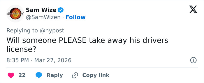 Tweet from Sam Wize reacting to Tiger Woods DUI arrest, calling to take away his driver’s license.
