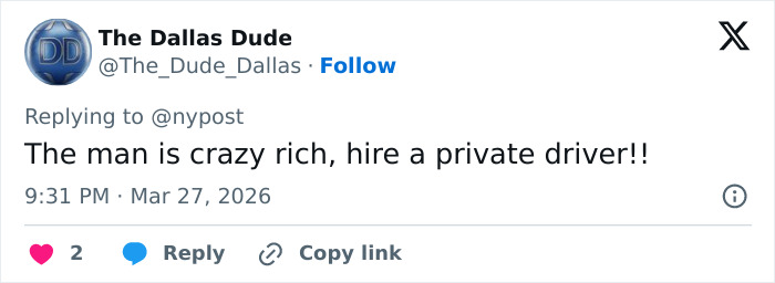 Twitter user The Dallas Dude replies to a DUI arrest story, commenting on Tiger Woods needing a private driver.