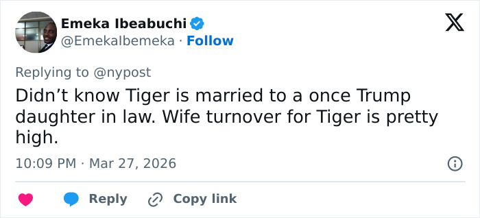 Tweet discussing Tiger Woods’ marriage and Vanessa Trump amid reports of his DUI arrest consequences.