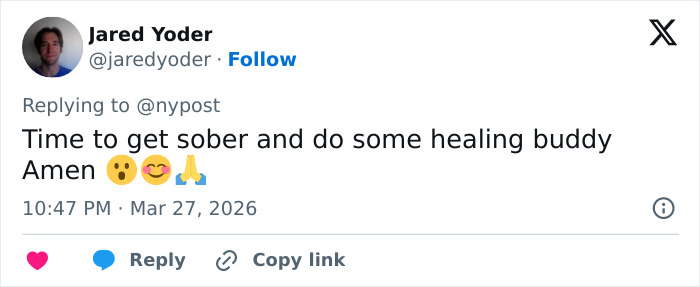 Tweet screenshot showing Jared Yoder replying with a supportive message after DUI arrest involving Vanessa Trump and Tiger Woods.