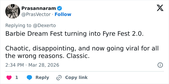 Tweet criticizing Barbie Dream Fest as chaotic and disappointing, comparing it to a failed viral event like Fyre Fest.
