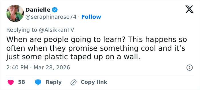 Tweet from Danielle criticizing Barbie Dream Fest for unmet expectations with plastic taped on a wall, reflecting guest frustration.