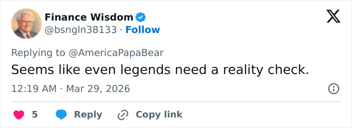 Tweet from Finance Wisdom responding to AmericaPapaBear about legends needing a reality check after DUI arrest.