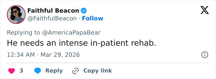 Twitter reply from Faithful Beacon discussing rehab needs following Tiger Woods DUI arrest, referencing Vanessa Trump’s ultimatum.