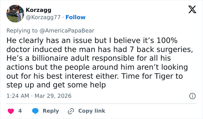 Tweet discussing Tiger Woods' struggles and the need for him to seek help after a DUI arrest situation.