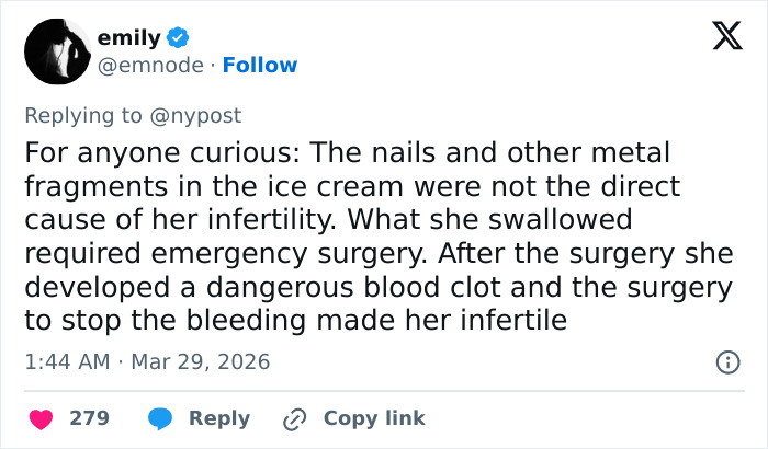 Mulher ganha US$ 14 milhões depois que sorvete a deixou incapaz de ter filhos