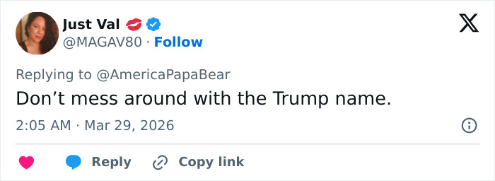 Screenshot of a Twitter reply from Just Val emphasizing the Trump name amid Vanessa Trump and Tiger Woods news.