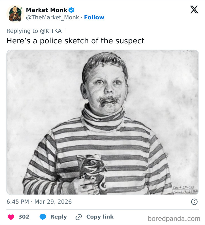 Sketch of a suspect with chocolate on their face holding a KitKat in response to 12 tons of KitKat being stolen.