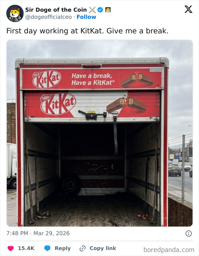 Empty KitKat delivery truck interior with brand logo and slogan, referencing 12 tons of KitKat stolen and funny responses.