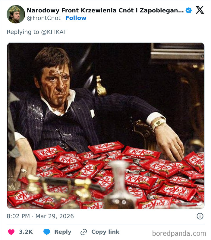 Image of a man covered in chocolate sitting behind a pile of KitKat bars, referencing the KitKat theft and funny responses.