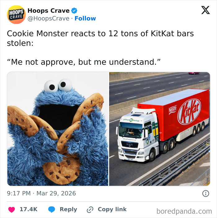 Cookie Monster holding cookies next to a red KitKat truck on highway, related to 12 tons of KitKat stolen responses.
