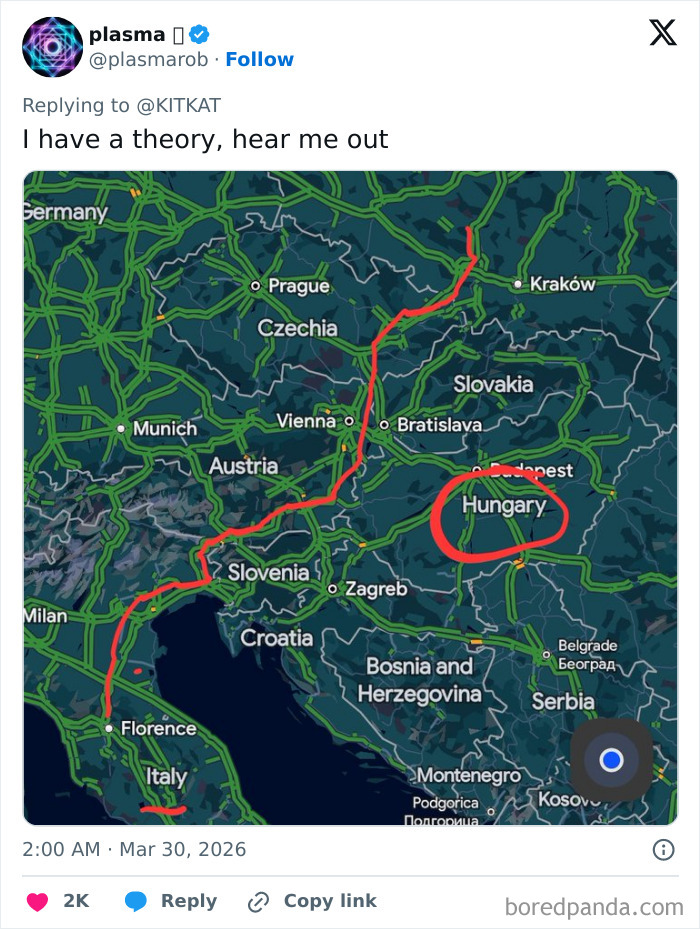 Map showing a route across Europe with Hungary circled, related to 12 tons of KitKat stolen and social media reactions.