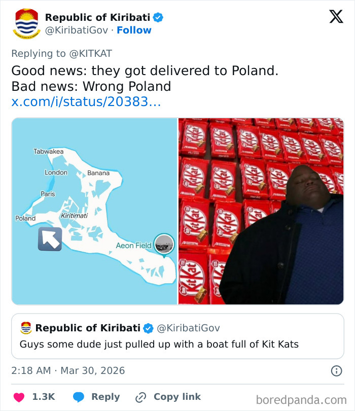 Tweet from Republic of Kiribati joking about 12 tons of KitKat stolen and mistakenly delivered to wrong Poland location.
