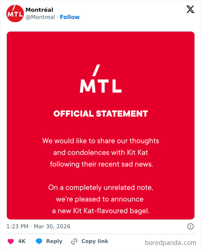 Montreal’s official statement sharing condolences and announcing a new KitKat-flavoured bagel after KitKat theft.