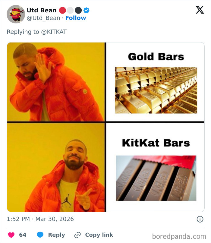 Meme with Drake rejecting gold bars and approving chocolate KitKat bars in response to KitKat theft viral posts.