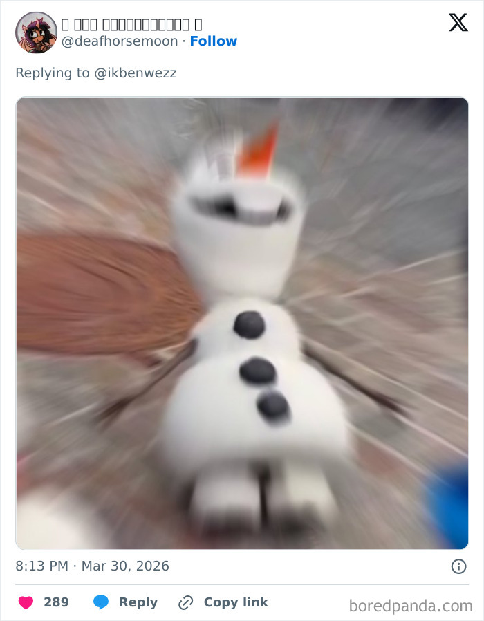 Blurry image of Disney's animatronic Olaf lying down, capturing a humorous moment shared by fans online.