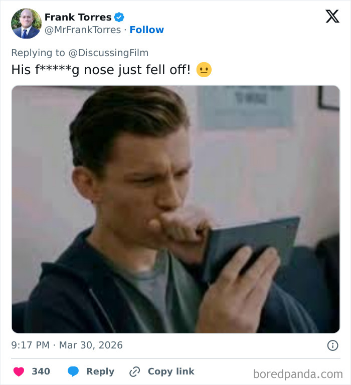 Man reacting with shock while looking at a phone, caption referencing Disney animatronic Olaf collapsing in front of fans.