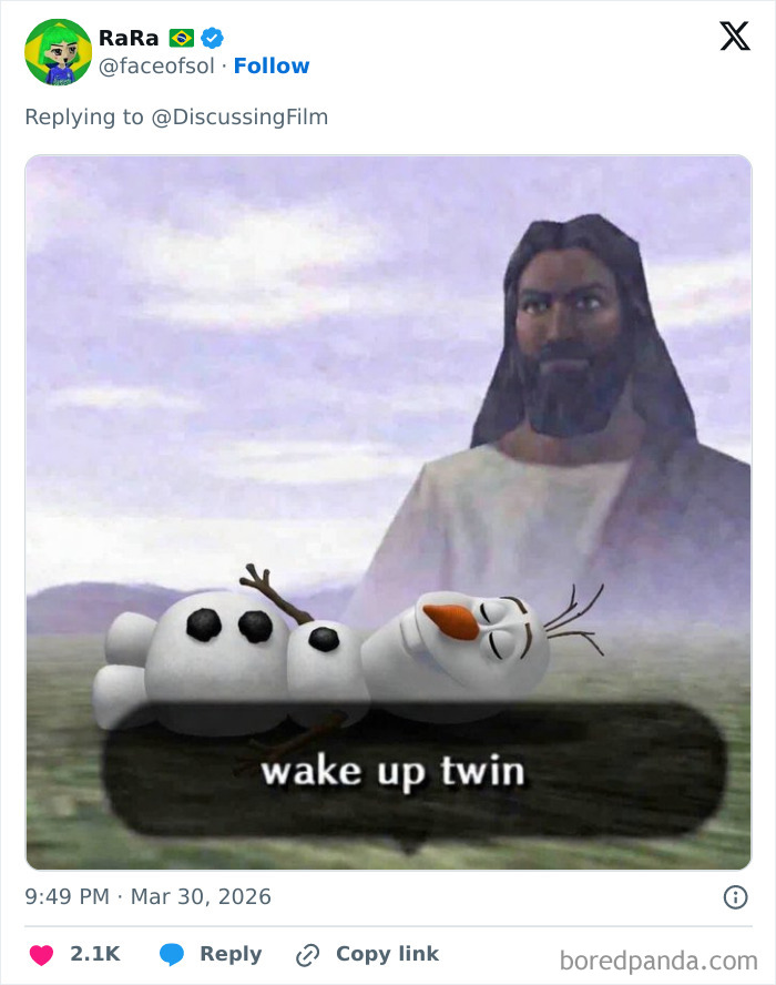 Animated Olaf lying down with eyes closed and text wake up twin, referencing Disney's animatronic Olaf collapse and fan reactions.