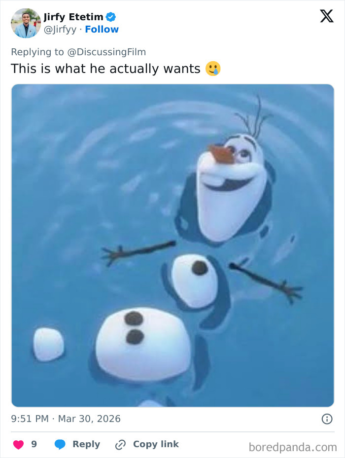 Animatronic Olaf from Disney floating apart in water with a smiling face, showing a humorous internet reaction.