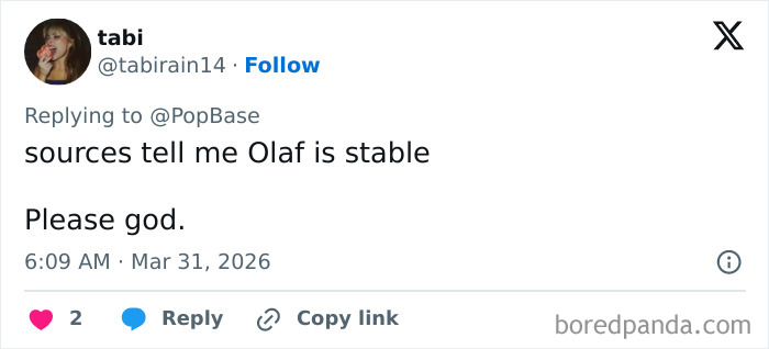 Tweet from user tabi hoping Disney’s animatronic Olaf is stable after collapsing, reflecting fan reactions on the internet.