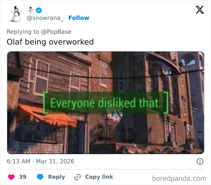 Screenshot of a tweet about Disney's animatronic Olaf collapse with caption and meme saying everyone disliked that