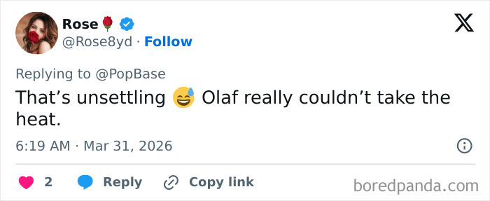 Twitter reply from user Rose reacting humorously to Disney's animatronic Olaf suddenly collapsing in front of fans.