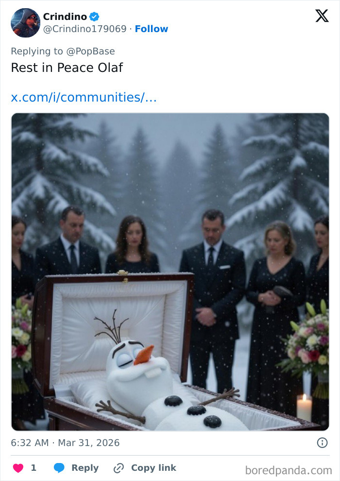 Funeral scene with Disney’s animatronic Olaf lying in a casket as mourners dress in black in a snowy forest setting.