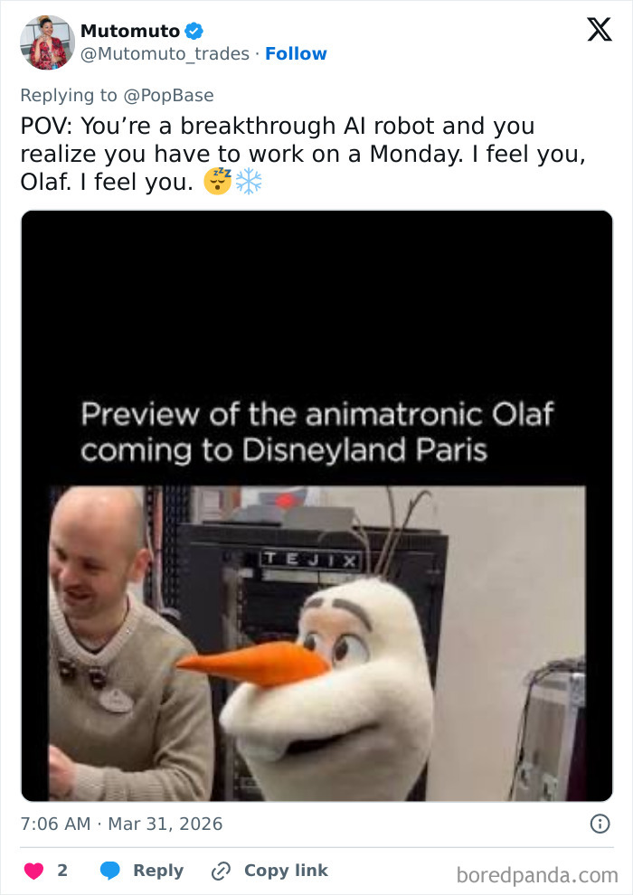 Social media post showing Disney's animatronic Olaf preview and fan reactions to his collapse moment.