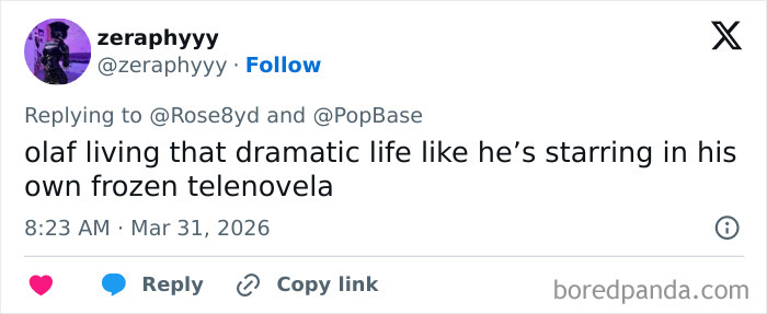 Twitter post with user reacting humorously to Disney's animatronic Olaf collapsing in front of fans during a Frozen-themed show.