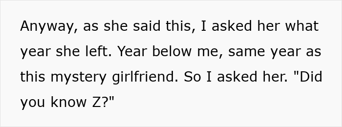 Text excerpt showing a conversation about a mystery girlfriend and a random meeting revealing a person now lives as a man in the US.