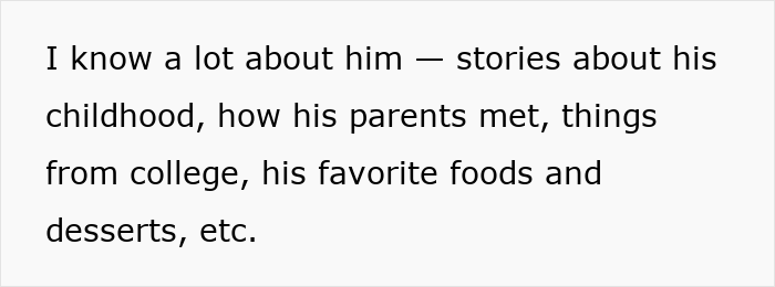 Text describing knowing a partner&rsquo;s favorite foods but not her cat, highlighting romantic indifference and food preferences.