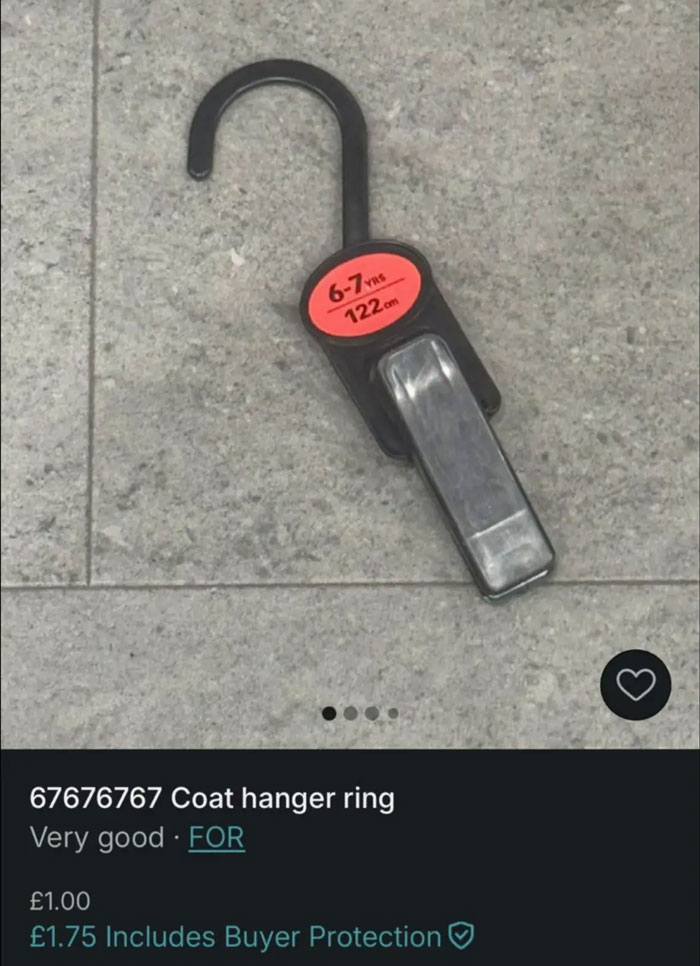 Coat hanger listing on Vinted with price and size label, showcasing unusual and hilarious secondhand items.