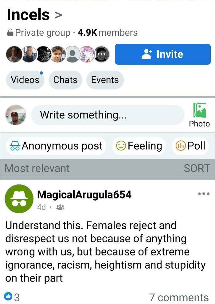 Screenshot of an incel private group with a post discussing rejection by females and incel community feelings online.