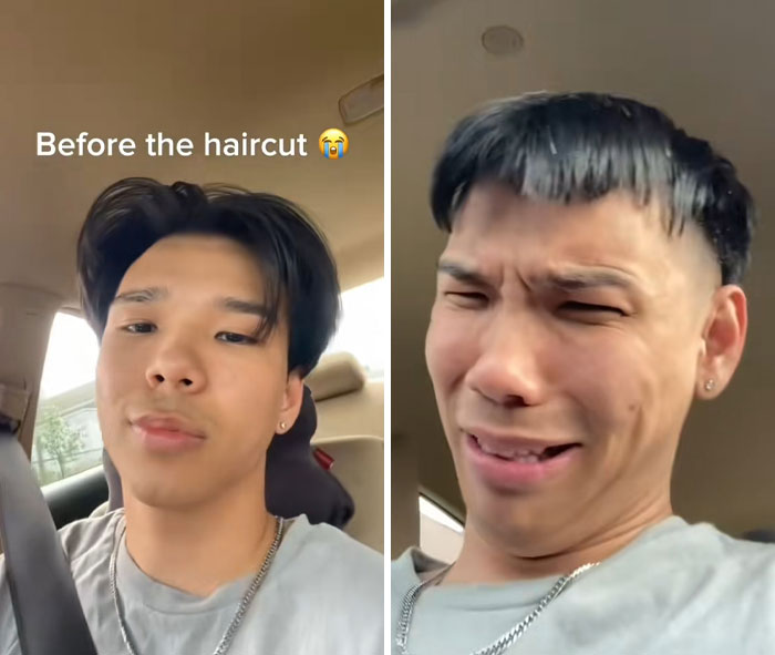 Young man showing before and after photos of a traumatic haircut experience with his hairdresser affecting his locks.