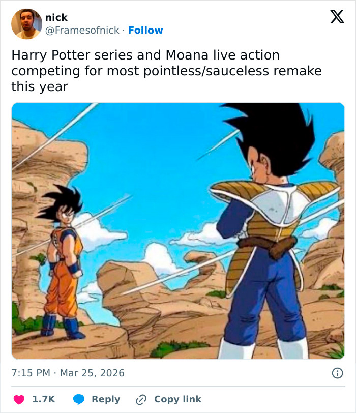 Tweet meme comparing HBO Harry Potter series to Moana remake, featuring two anime characters facing off in a rocky landscape.