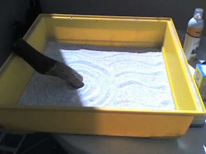 Yellow sand tray with a hand-like object creating patterns in the sand, illustrating things that sound like a joke but are serious.