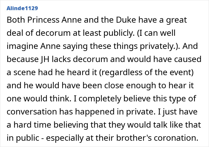 Text excerpt from a discussion about senior royals and private conversations, related to lip reader insights.