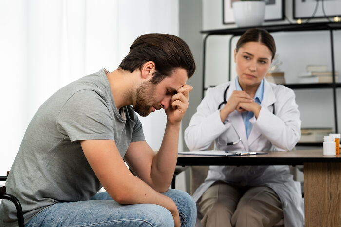 Man looking stressed during a medical appointment while doctor listens patiently, illustrating doctors hiding things from patients.