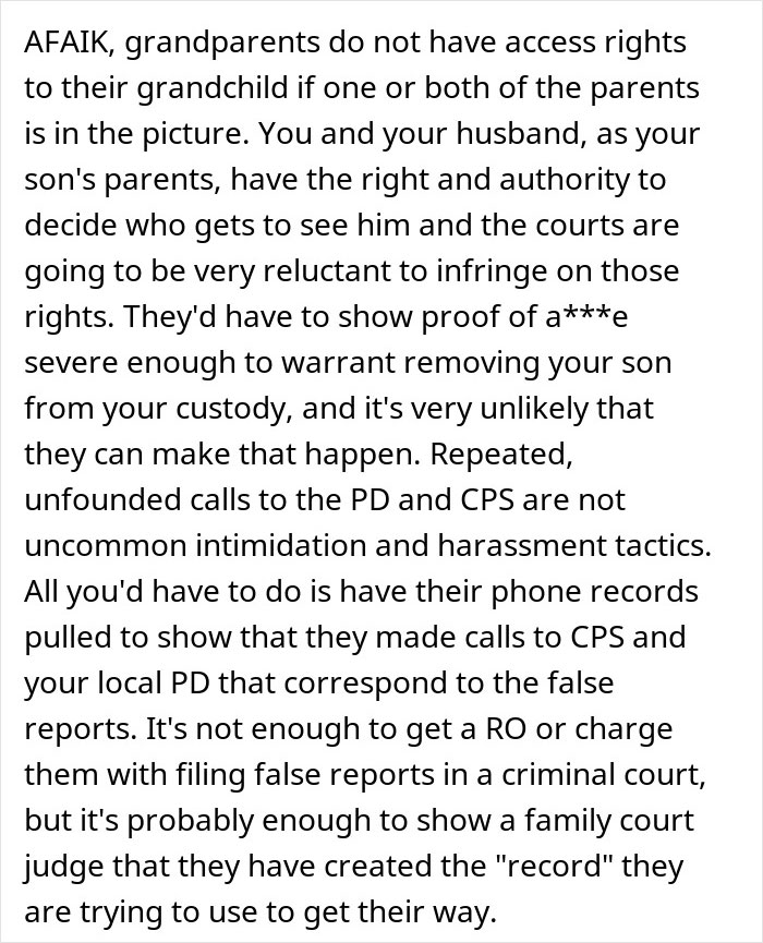 Text discussing grandparents' access rights and possible harassment tactics after a woman cuts off parents for betrayal with fiancé.