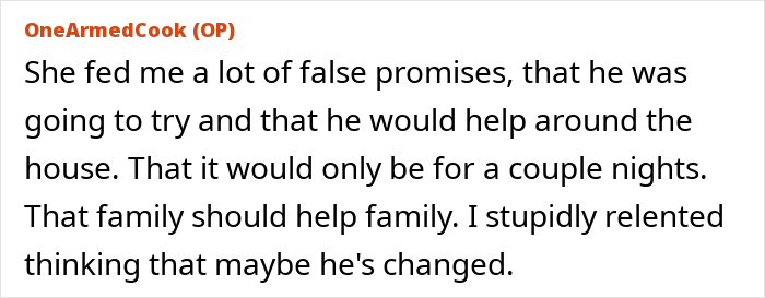 Text post from OneArmedCook describing false promises about helping around the house despite having one arm, discussing family support.